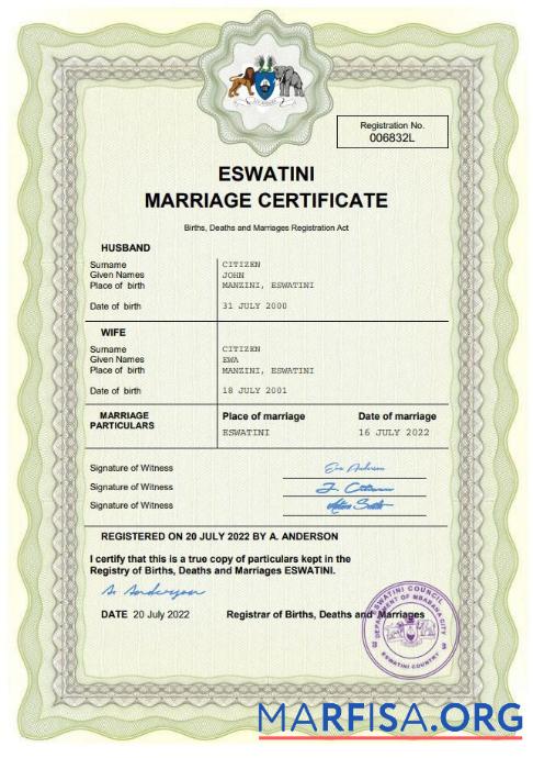 Blank Eswatini marriage certificate Word and PDF template